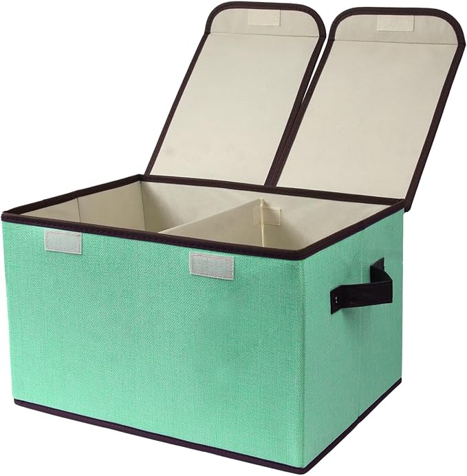 Foldable Fabric Storage Box, 16.5 x 11.8 x 9.8 inches (L x W x H), with Double-Lid & Dividers, Large Organizer for Home, Closet, Office(Green, 1 Pack) by TCbelosion