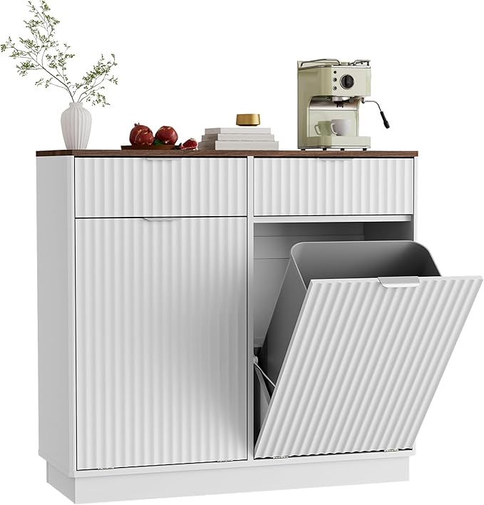 Double Tilt-Out Trash Cabinet, Laundry Hamper Cabinet with 2 Drawers, 39.4W x 34.3H x 13.8D inches, Walnut+White, Wave-Textured Front. by Unknown