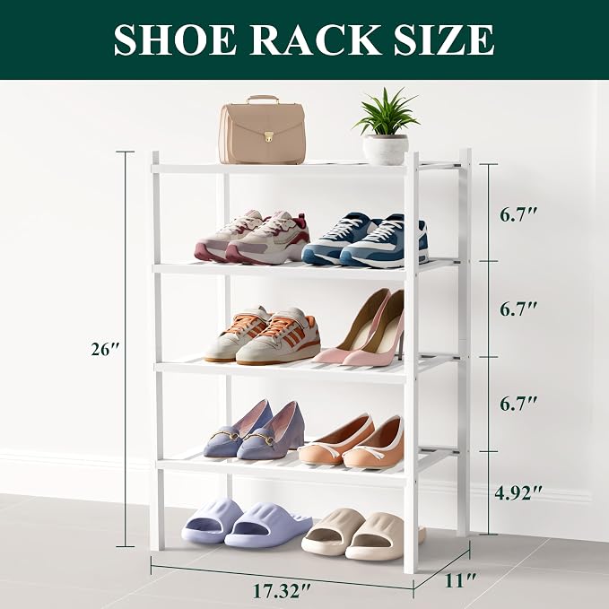 Smiry Bamboo Shoe Rack for Closet, 4 Tier Small Wooden Stackable Shoe Organizer, Free Standing Shoes Storage Shelf for Entryway, Front Door Entrance, White - Image 2