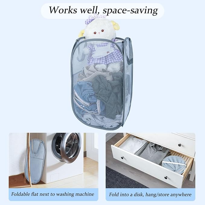 Upgraded 100L Extra Large Collapsible Laundry Baskets, 2 Pack XL Mesh Pop Up Laundry Hamper with Handles, Portable Travel Laundry Basket, Foldable Hamper. Grey. 2V - Image 5