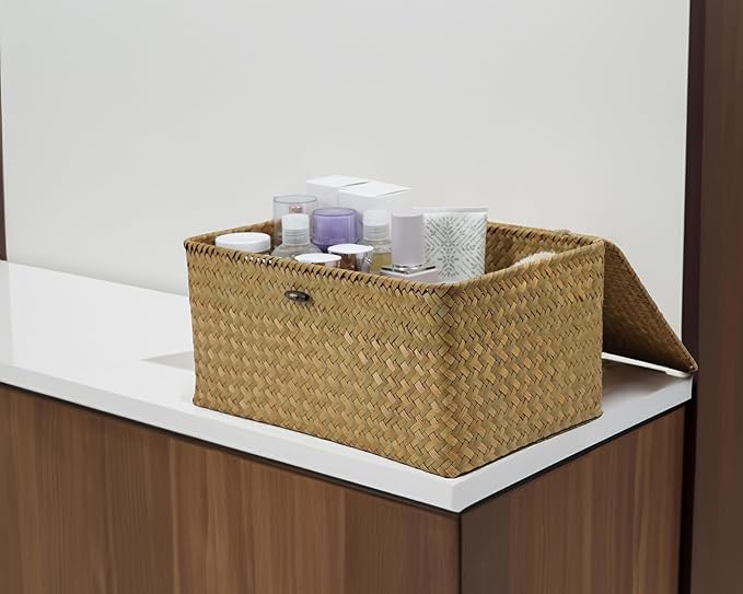 Wicker Basket with Lid, Natural Seagrass Storage Baskets for Organizing, Woven Basket for Storage, Decorative Boxes Bins with Lids Home Organizer Decor (Natural, 14.3" x 9.4" x 6.9") - Image 4