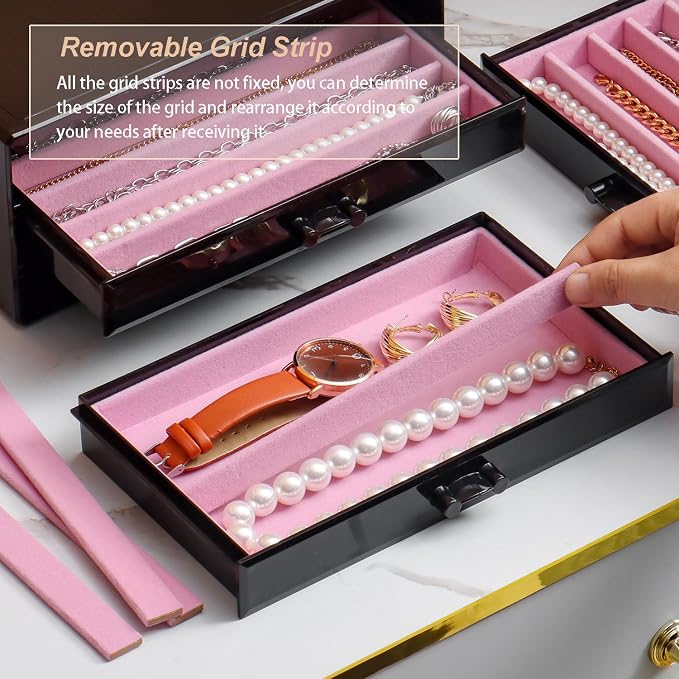 YUFONG Necklace Holder Organizer, Dustproof Necklace Box Velvet Necklace Organizer Box with Lid Clear Acrylic Dustproof Stackable Jewelry Displays for Necklaces Chain Display (Black Pink, 5 Drawer) - Image 2