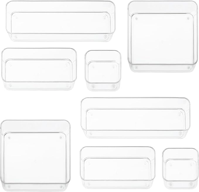 primebox Eight Piecs. Plastic Clear Drawer Organizers for Bathroom, Kitchen, Bedroom, Office Organizer Bins, Storage Trays. Heavy Duty, Stackable 4 Sizes by primebox