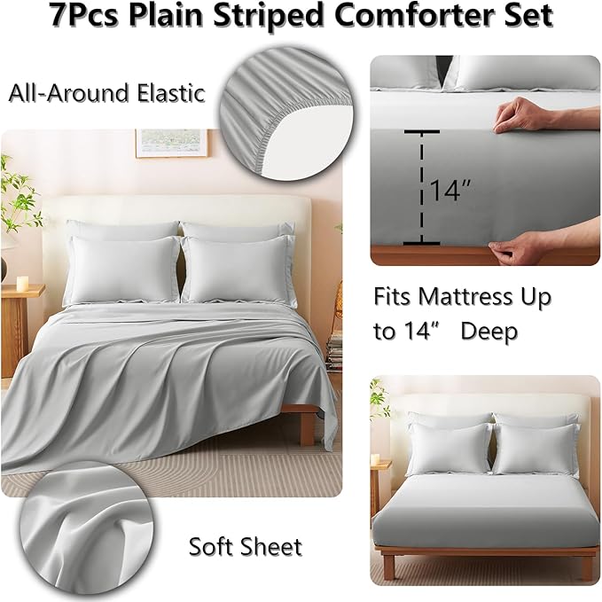 CozyLux Full Comforter Set - 7 Pieces Bed in a Bag Light Grey Comforter Set with Sheets Luxury Bed Set All Seasons, Soft Bedding Set with Down Alternative Comforter, Sheets, Pillowcases & Shams