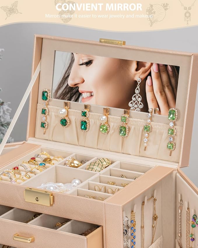 AKOZLIN Large 4-Tier Jewelry Box Leather Jewelry Storage Organizer with 3 Drawers Lockable for Women Girls Ring Necklace Earring Bracelet Watches Holder with Mirror Champagne - Image 7