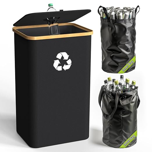 Recycling Bin for Kitchen Indoor Home, Large 26 Gallon 100L Recycle Bin with Lid Removeable Reusable Inner Bag Bottle Can Glass Waste Plastice Stickers,Black by Pakusane