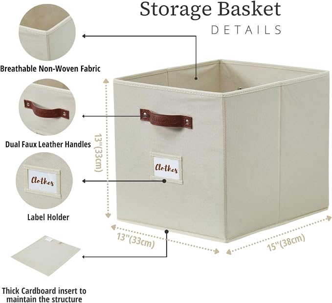 DECOMOMO Storage Baskets, 13x15x13 Storage Cube Bins with Labels for Organizing Shelves Kallax (Kallax / 4pcs, Beige) - Image 3