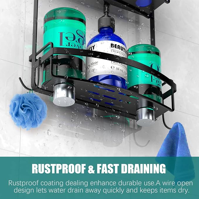 Meangood Shower Caddy Over Shower Head, Black Anti-Swing Hanging Shower Caddy with 4 Remove Hooks for Razor, Sponge, Towels Rustproof Shower Organizer for Bathroom - Image 5