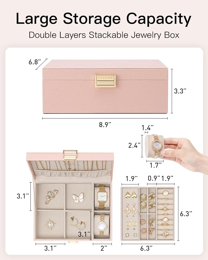 VLANDO 2 Layer Jewelry Box Large Jewelry Organizer for Mothers Day Mom Gifts Jewelery Tray with Watch Pillow for Necklace Earrings Rings Bracelets Jewelry Boxes for Holidays Gifts (Pink) - Image 5