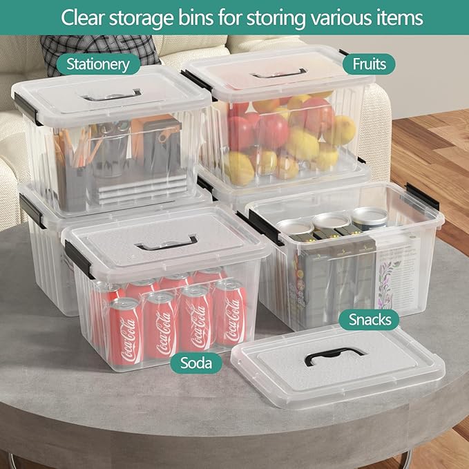 Clear Storage Latch Bin 12 Quart, Plastic Organizing Box with Lid and Black Handles, 6-Pack