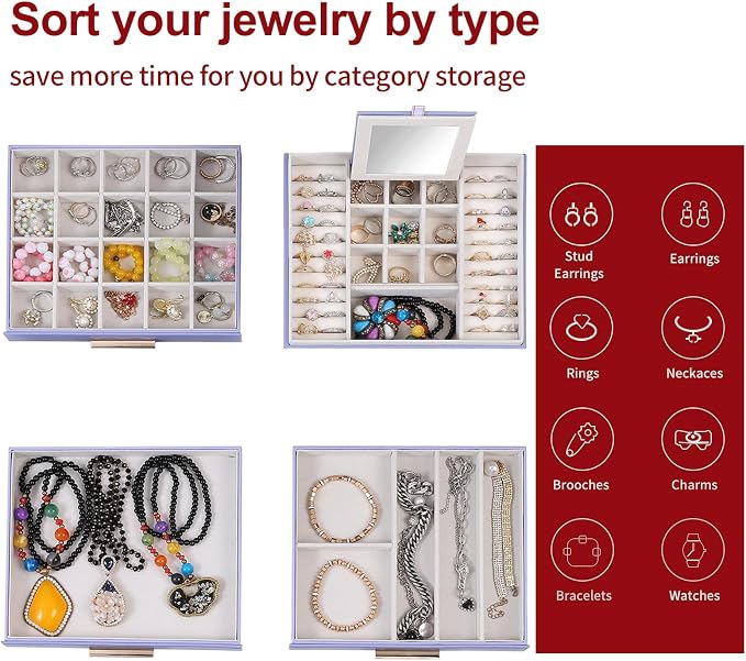 BOOVO Clear Lid Jewelry Box,4 Layers Jewelry Organizer Large Jewelry Storage Box with 3 Drawers,Jewelry Holder Organzier of Rings Earrings Necklace Bracelets for Women (Purple, 4 Layer) - Image 3