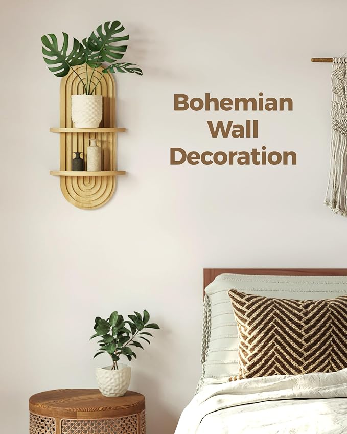 Bamworld Boho Wall Decor Plant Wall Shelf Mid Century Modern Decor Hanging Plant Shelf 2-Tier Wooden Floating Shelves for Home Bathroom Bedroom Living Room Office Holding Planter Decoration Natural - Image 3