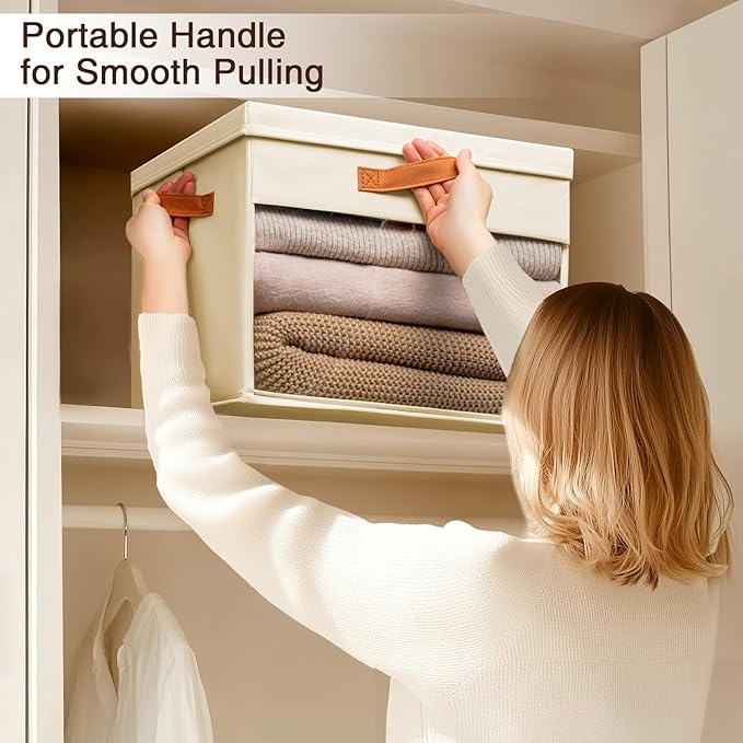 Homsorout Large Storage Bins with Lids - 4 Pack Foldable Decorative Organizers with Clear Windows & Handles, Cube Storage Organizers for Clothes, Blankets, Sweaters, Sheets, Beige - Image 2