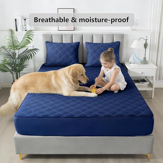 Waterproof Mattress Protector - Full Size Mattress Pad Silent & Fitted Sheet Style | Bed Protection for Kids, Pets, Adults | Hypoallergenic, Machine Washable (Blue, Full)