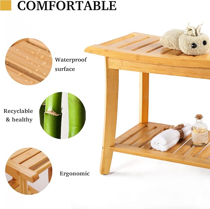 Unibambou Bamboo Shower Bench with Storage Shelf, Spa Bath Chair for Bathroom, Seat or Organizer for Living Room, Bedroom and Garden - Great for All Ages Unisex Elderly (Large, Natural) - Image 6