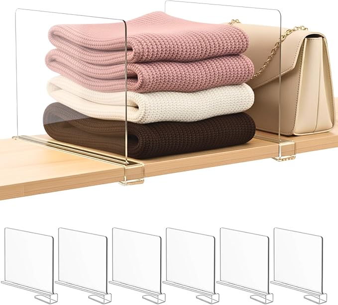 SortNStore Shelf Dividers Purse Organizer for Closet: 6-pack Acrylic Bag Storage Organizer for Handbags, Clutches, Clothes, Sweater, Towel on Wood Shelves by SortNStore