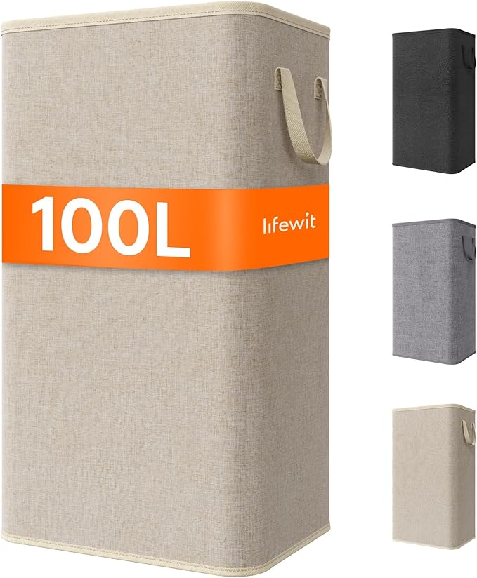 Lifewit 100L Large Tall Laundry Hamper, Collapsible Laundry Basket with Handles, Foldable Clothes Hampers for Laundry, Portable Dirty Clothes Hamper for Dorm College Bedroom Bathroom, Beige by Lifewit