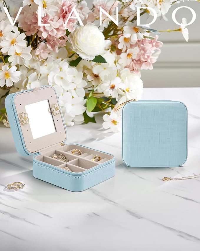 VLANDO Teacher Appreciation Graduation Gifts - Small Travel Jewelry Box Organizer - Display Case for Girls Women Gift Rings Earrings Necklaces Storage with Mirror Blue - Image 2