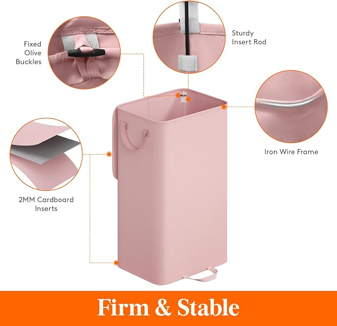 Lifewit Single Laundry Hamper with Lid and Removable Laundry Bags, Large Collapsible 1 Dividers Dirty Clothes Basket with Handles for Bedroom Laundry Room Closet Bathroom College, 100L Pink - Image 3