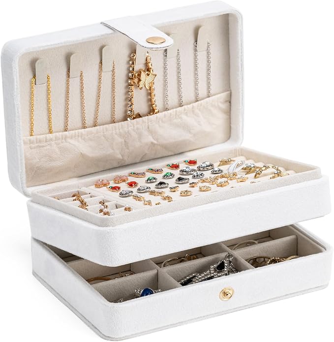 MODENGKONGJIAN Jewelry Organizer Box, 2-Layer Large Jewelry Storage Case, Portable Travel Jewelrys Display Holder for Earrings, Necklaces, Bracelets (White,Velvet) by MODENGKONGJIAN