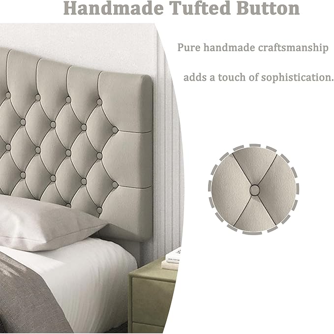 Befurtori King Headboard Only, Upholstered Head Board for Adjustable Bed Velvet Tufted Cal King Size Wall Mounted Headboard with Solid Wood Legs Head Board, Light Warm Gray/Taupe