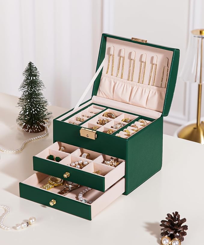 Homde Mothers Day Gifts Small Girls Jewelry Box with Lock: 3 Layer Organizer with Removable Tray - Storage for Ring Necklace Earring - Birthday & Return Gifts for Young Women (Midnight Green) - Image 8