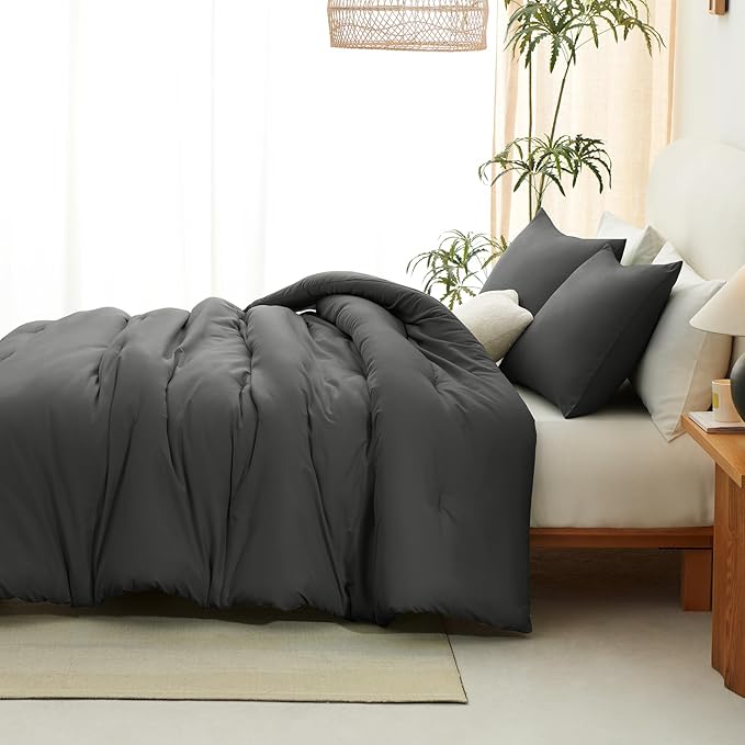 CozyLux California King Comforter Set Dark Grey, 3 Pieces Cal King Solid Breathable Bedding Set All Seasons, Dark Gray Luxury Soft Lightweight Bed Set with Down Alternative Comforter and 2 Pillowcases