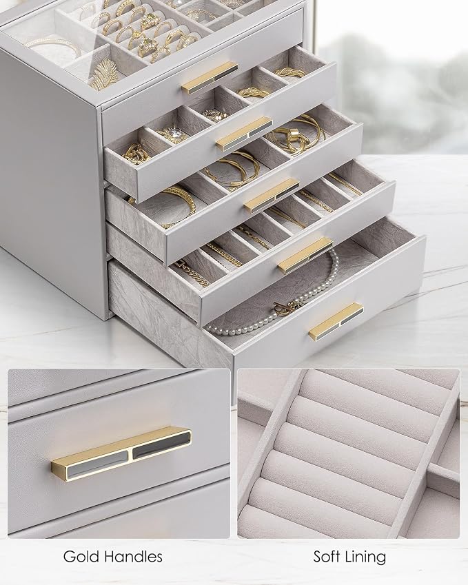 VLANDO 5 Layer Jewelry Box for Women, Glass Lid Jewelry Organizer with 5 Drawers for Necklaces Rings Earrings Bracelets - Grey - Image 5