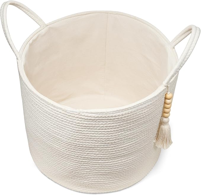 Mkono Tall Laundry Basket Woven Decorative Rope Storage Basket Wooden Bead Decoration for Blankets Toys Clothes Shoes Organizer Bin with Handles Living Room Home Decor, 15" W x 17.7" L, White - Image 7
