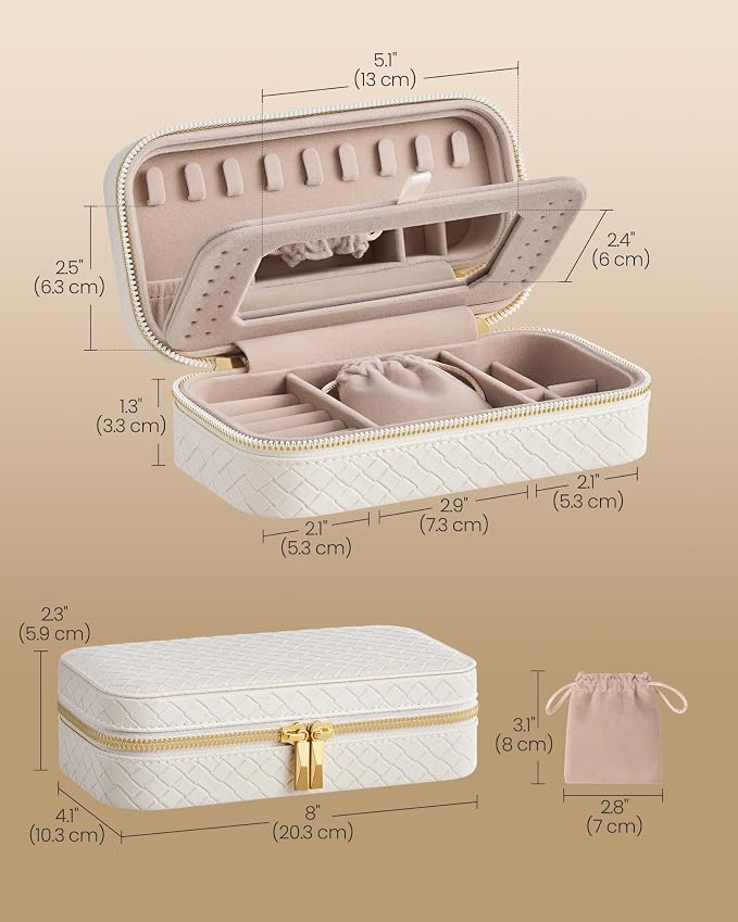 SONGMICS HOME Travel Jewelry Case, Jewelry Organizer Box with Mirror, Jewelry Pouch, Woven Embossed PU Leather, Portable Jewelry Storage, Gift Idea, Cloud White UJBC197W01 - Image 5