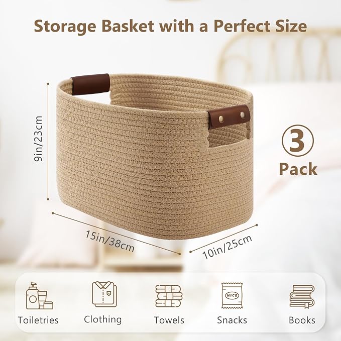 ECDYQXVU Cotton Rope Basket, Storage Baskets with Handle, 15x10x9 Inch Woven Basket for Shelves, Laundry, Towels, Clothes, Books (Jute/Brown 3Pack) - Image 2