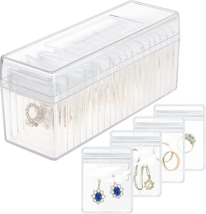 HOMEHIVE Acrylic Jewelry Box Organizer, Clear Jewelry Organizer and Storage with 20 Portable Anti Tarnish Jewelry bags, Travel Jewelry Case for Earrings/Rings/Necklaces Gifts for Women Girls, Clear by HOMEHIVE