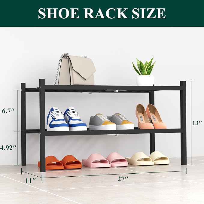 Smiry Shoe Rack, 2 Tier Thick Bamboo Shoe Organizer, Stackable Free Standing Wooden Shoe Storage Shelf for Closet, Entryway, Front Door Entrance, Black - Image 2