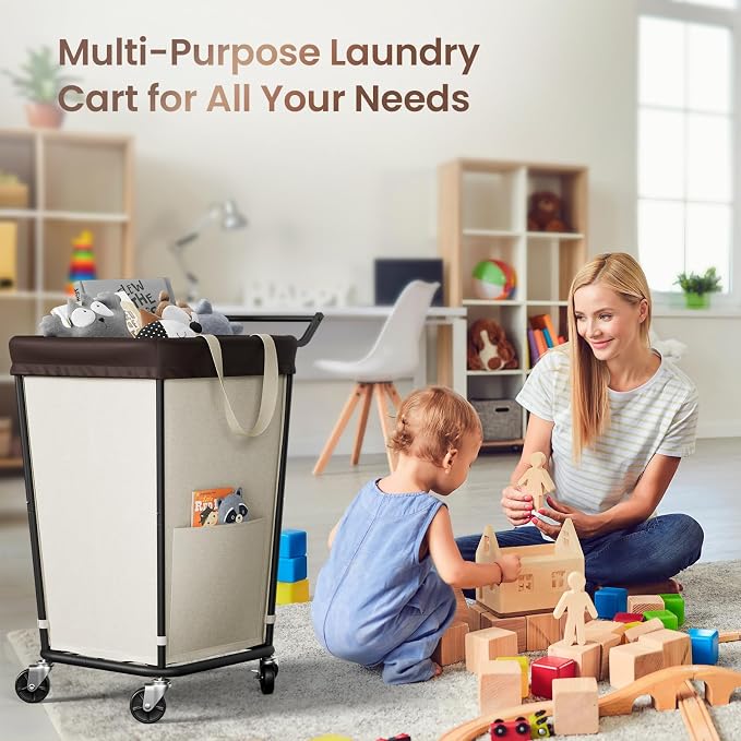 160L Laundry Hamper with Wheels and Handle, 2-Section Rolling Hamper for Laundry, Large Laundry Basket with Wheels, Rolling Laundry Basket Clothes Hamper for Home, Bathroom and Dorm(Beige) - Image 5