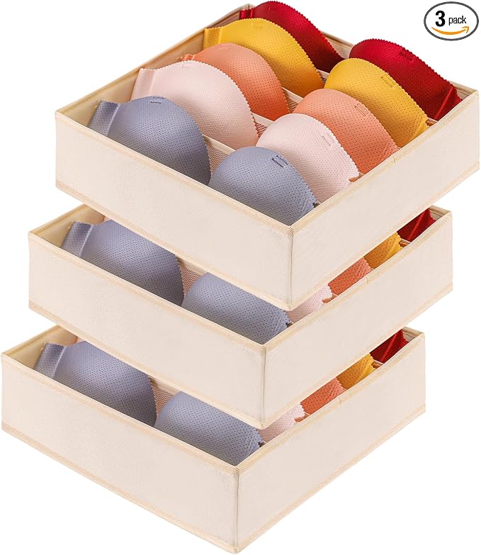 Bra Storage Drawers Organizer for Clothing Underwear Drawer Organizer Dividers Foldable Storage Cube Bins for Bra,Socks, Underwear,3 Pack （Creamy-White） by Unknown