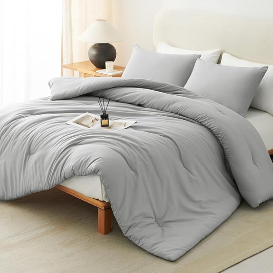 CozyLux Queen Comforter Set Light Grey, 3 Pieces Solid Comforters Queen Size Breathable Bedding Sets, Light Gray Luxury Soft Lightweight Bed Set with Down Alternative Comforter and 2 Pillowcases