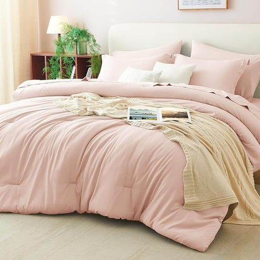 CozyLux Queen Comforter Set Blush Pink, 7 Pieces Bed in a Bag Queen Comforter Set with Sheets, Luxury Soft Bedding Sets with Down Alternative Comforter, Fitted Sheet, Flat Sheet, Pillowcases & Shams
