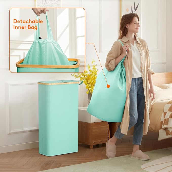 Lifewit 65L Slim Laundry Hamper with Lid, Narrow Laundry Basket with Removable Bag & Bamboo Handles, Fodable Thin Dirty Clothes Hamper for Laundry Collapsible Bin for Bathroom Bedroom Dorm, Sage Green - Image 4