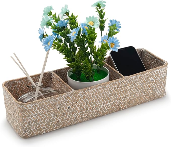 Seagrass Storage Basket 3 Sections Woven Shelf Baskets with Compartment (Whitewash, 14.6inch x 4.7inch x 3.1inch) - Image 2