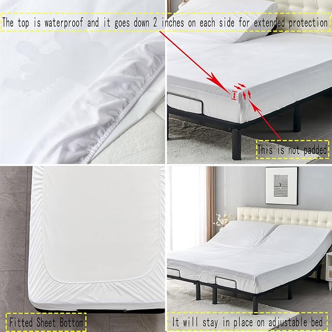 Kingnex Waterproof Half Split Top King Mattress Protector for Adjustable Bed with Upper Flex 36-39 from Head Ultra Soft Bamboo Viscose Jersey Noiseless Fitted Matress Cover