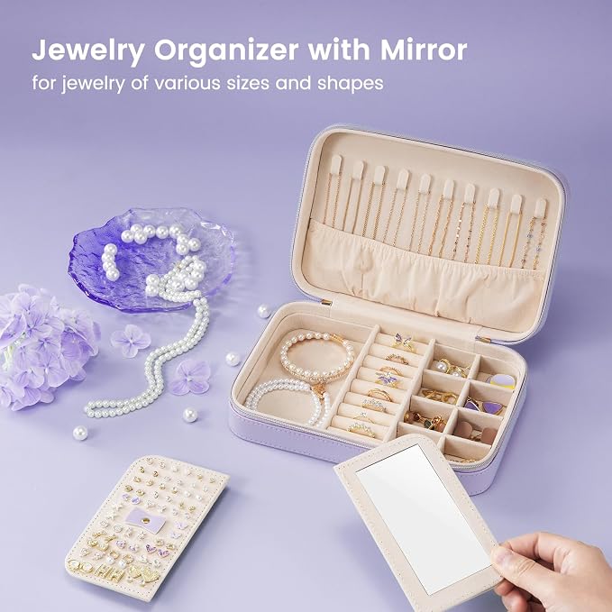 Lolalet Travel Jewelry Case for Women Girls, Travel Jewelry Organizer Box with Mirror & Clear Storage Bag, Small Portable Earring Necklace Bracelet Ring Case, Birthday Valentine Gifts -Medium, Purple - Image 2