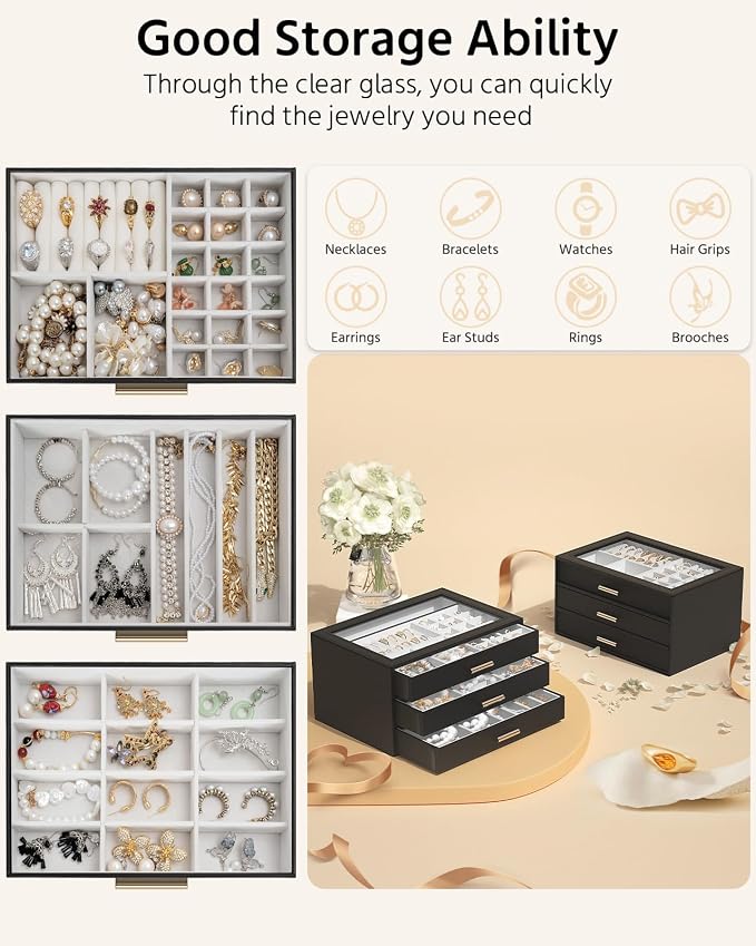 AKOZLIN Jewelry Box with Clear Lid Functional Leather Jewelry Storage Organizer Case 3 Drawers for Women Girls Necklace Ring Bracelet Earring - Image 2