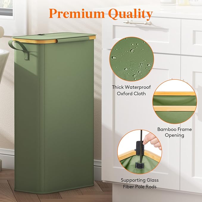 Lifewit 65L Slim Laundry Hamper with Lid, Narrow Laundry Basket with Removable Bag & Bamboo Handles, Fodable Thin Dirty Clothes Hamper for Laundry Collapsible Bin for Bathroom Bedroom Dorm, Green - Image 7