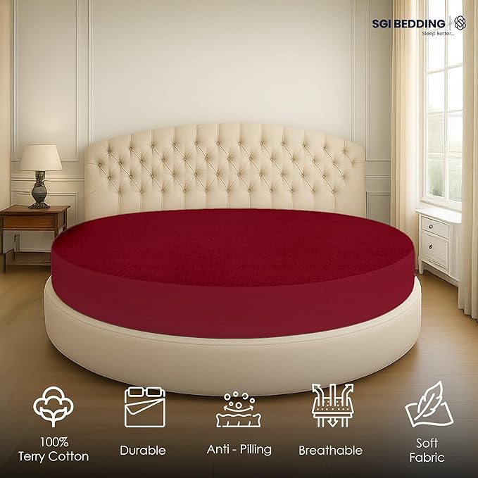 SGI Bedding Waterproof Round Mattress Protector 80" Diameter– 15" Deep Pocket Fitted Style Terry Cotton Mattress Pad Cover, Soft, Breathable & Noiseless, Spills & Stains Bed Protection – Burgundy