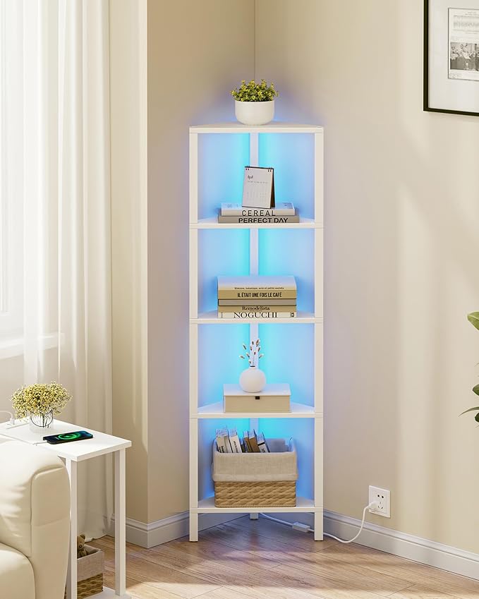 TUTOTAK Corner Shelf with LED Light, 5-Tier Corner Bookshelf for Small Space, Narrow Display Corner Shelf Stand with Storage Rack, for Living Room, Bedroom, White BS05BW005L by ChoosetutotakFurnitureBuildYourCozyHome