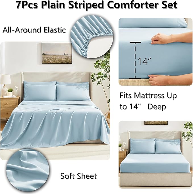 CozyLux Queen Comforter Set Light Blue, 7 Pieces Bed in a Bag, Blue Comforters Queen Size, All Season Bedding Sets with Stitch Quilted Comforter, Flat Sheet, Fitted Sheet, Pillowcases