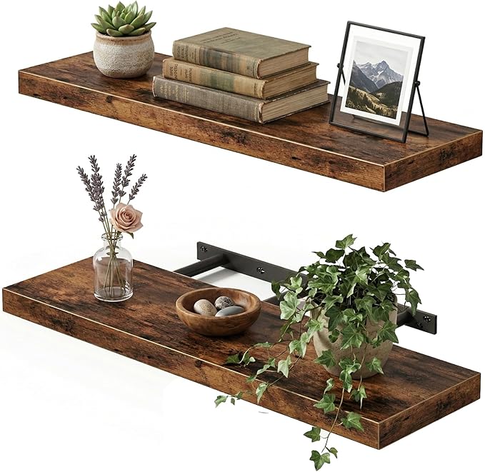 Fixwal Wood Floating Shelves for Wall, 22" Long Wall Mounted Shelves for Living Room, Bedroom, Bathroom and Kitchen, Wall Shelves for Storage, Books, Room Decor (Rustic Brown, Set of 2) by Fixwal