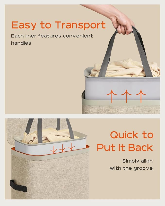 CASAMAYA Laundry Basket with Lid, Laundry Hamper 100L, collapsible Laundry Organizer, Easy Assembly, with Handles and Removable Liners, 16.5 x 12.6 x 29.5 Inches, Beige JSP902M - Image 4