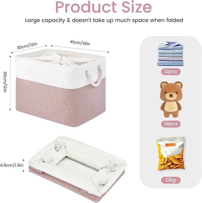 Large Storage Baskets- 16x12x12 inch Storage Bins for Shelves and Closet Organizing, Foldable Fabric Bin for Home Organization Clothes and Laundry (3-Pack, White&Pink) - Image 5