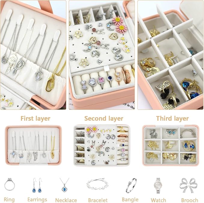KOOAAICCHI Small Jewelry Box, Travel Jewelry Organizer, Portable Jewelry boxes for Women Girls Gift, Double Layers PU Leather Jewelry Holder for Rings, Earrings, Necklaces-Pink - Image 3
